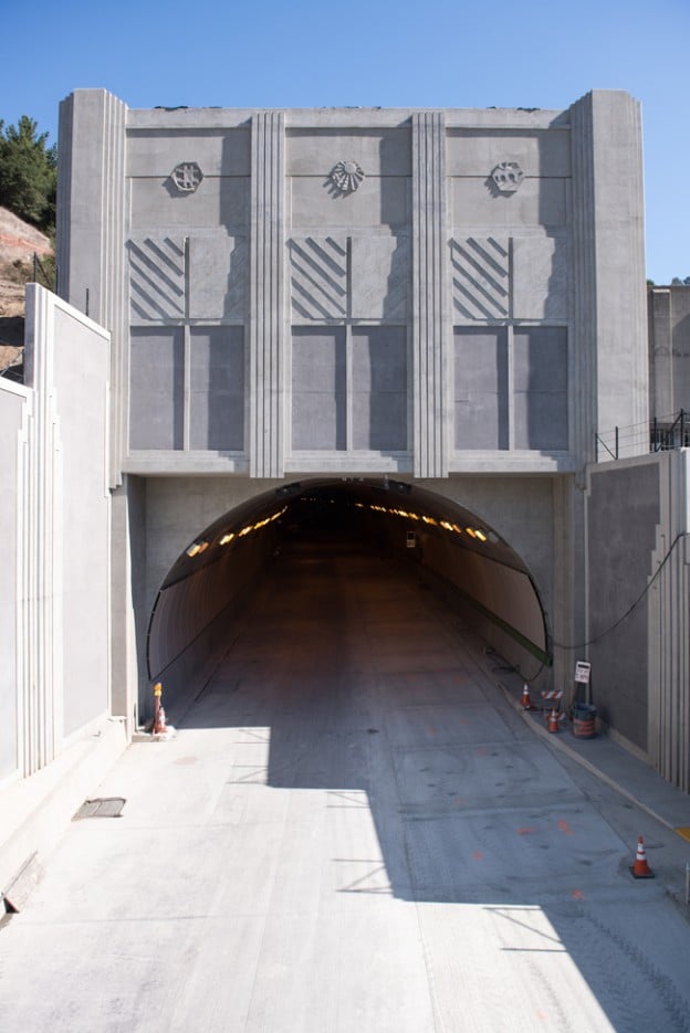 The facades above entrances to the Caldecott Tunnel in California