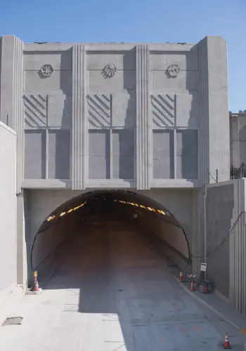 The facades above entrances to the Caldecott Tunnel in California
