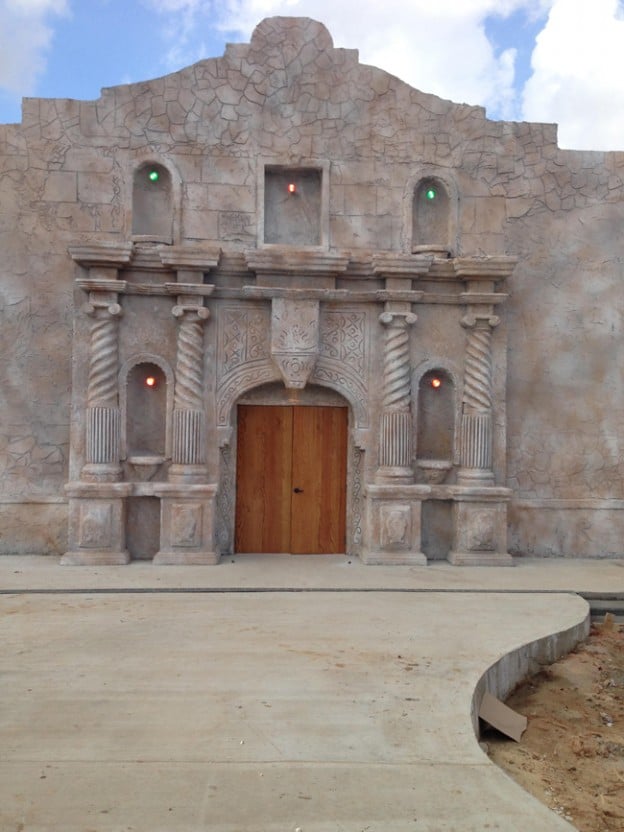 Facade of the chapel to look like the Alamo in Texas