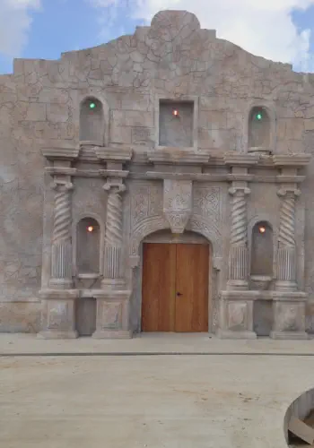 Facade of the chapel to look like the Alamo in Texas